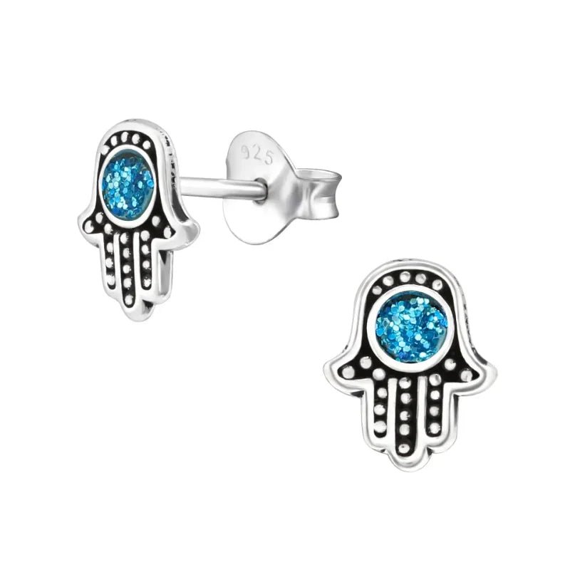 Zilveren Hamsa Hand Oorbellen - Blauw Glitter - Heren