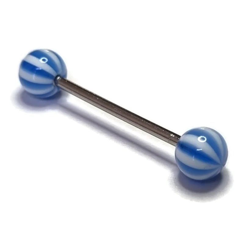 Kleurrijke Gestreepte Tongpiercing van Staal - Blauw-Wit -