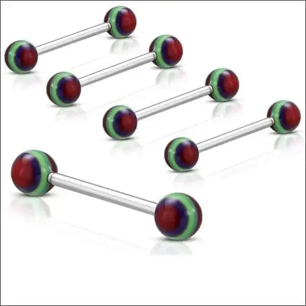 Kleurrijke Gestreepte Tongpiercing van Staal - Groen-Blauw-Rood -