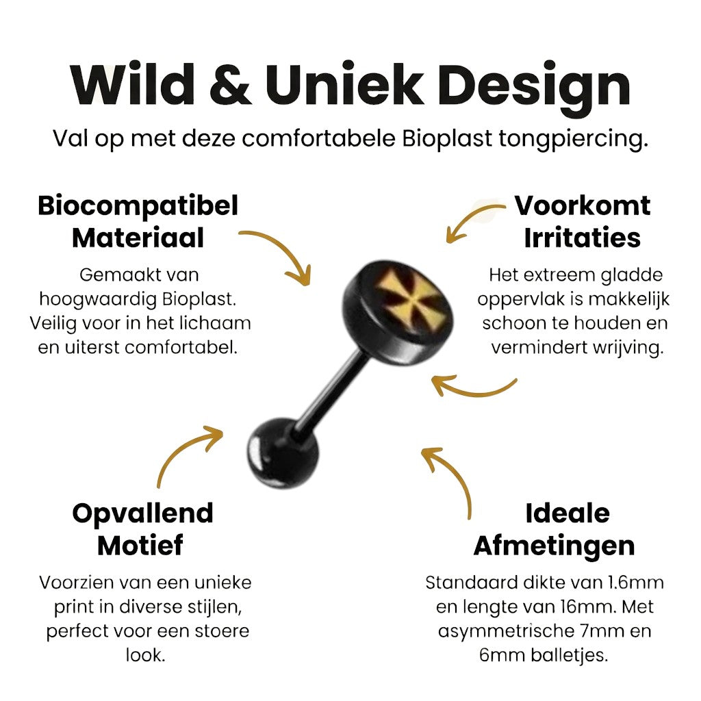 Zwarte Bioplast Tongpiercing hem en haar - Kruis-geel -