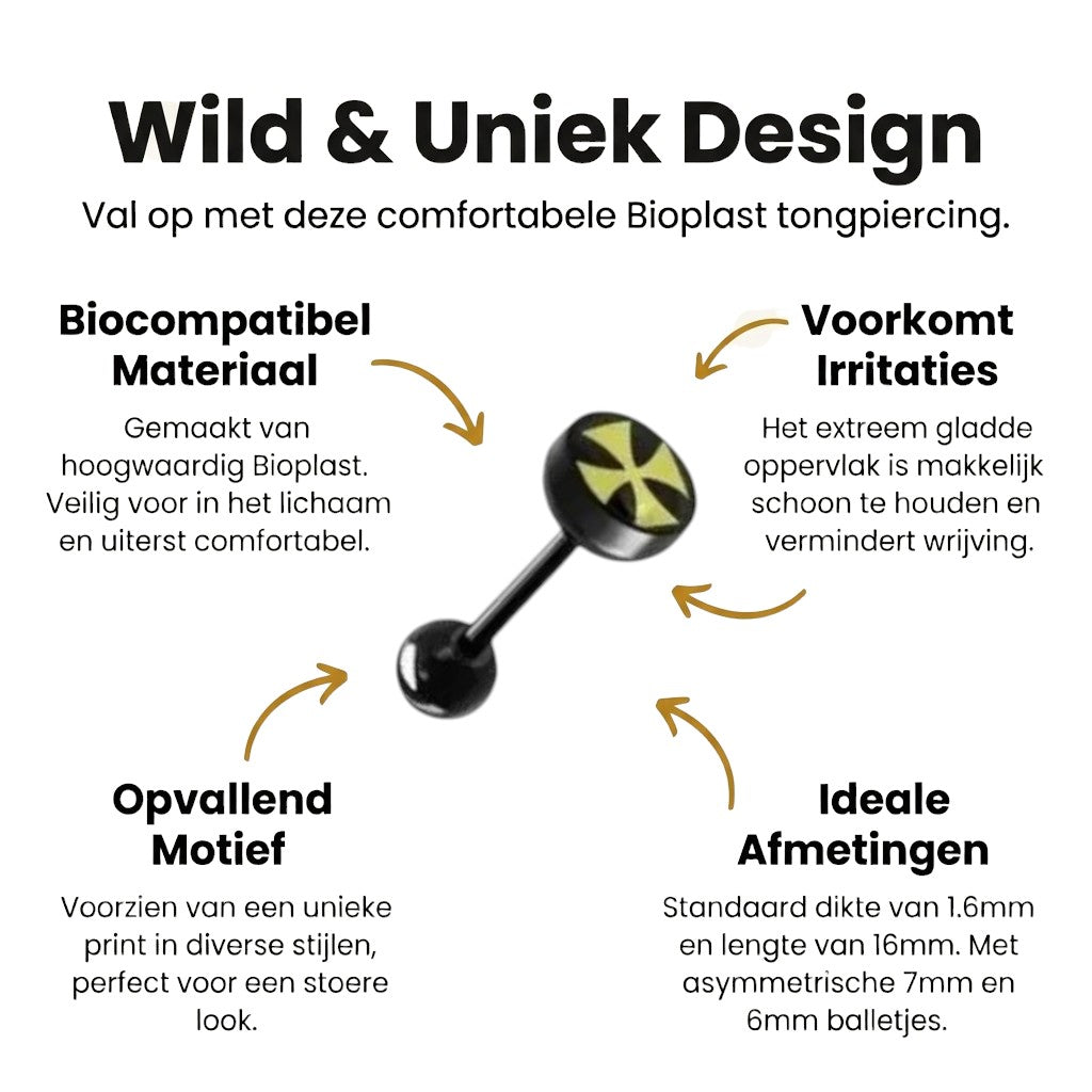 Zwarte Bioplast Tongpiercing hem en haar - Kruisje-geel -