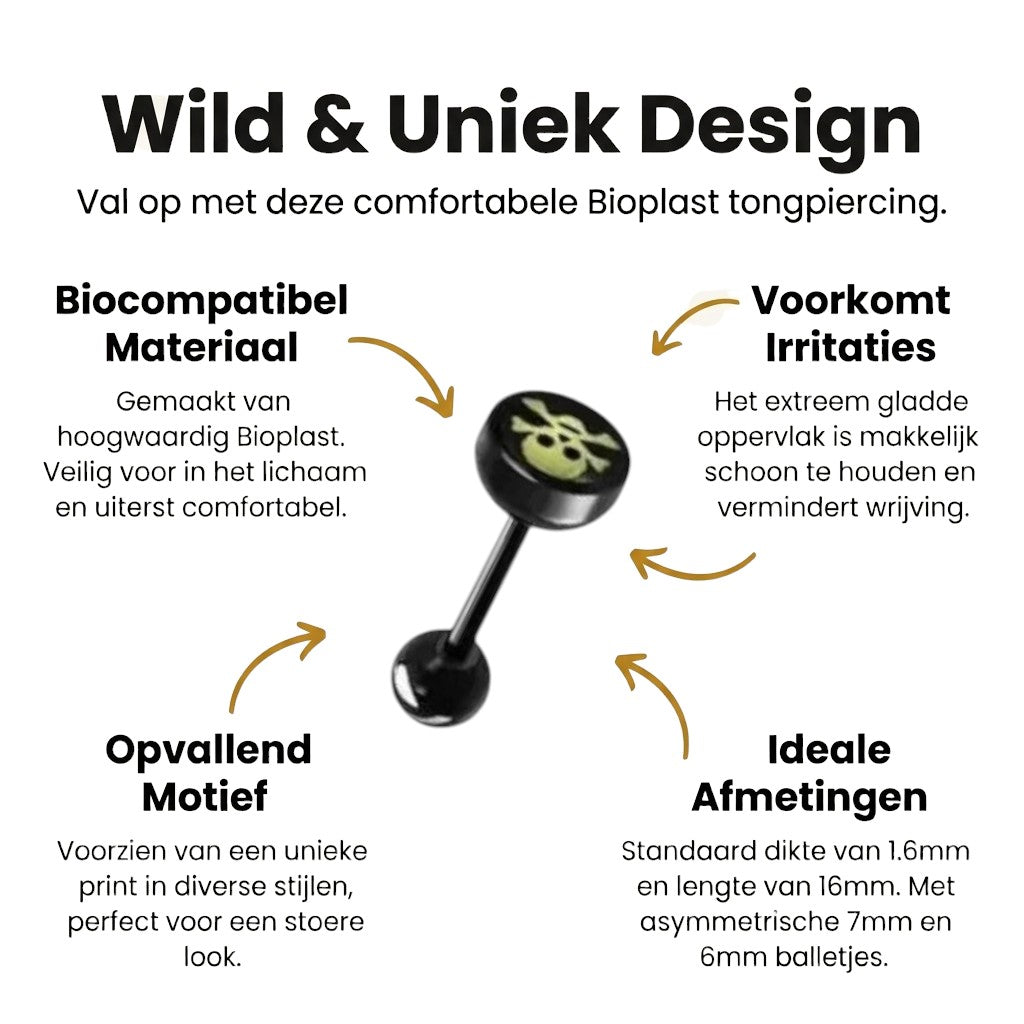Zwarte Bioplast Tongpiercing hem en haar - Doodskop -