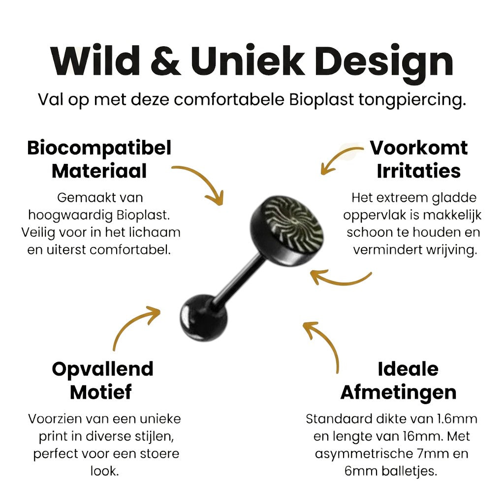 Zwarte Bioplast Tongpiercing hem en haar - Spiraal -