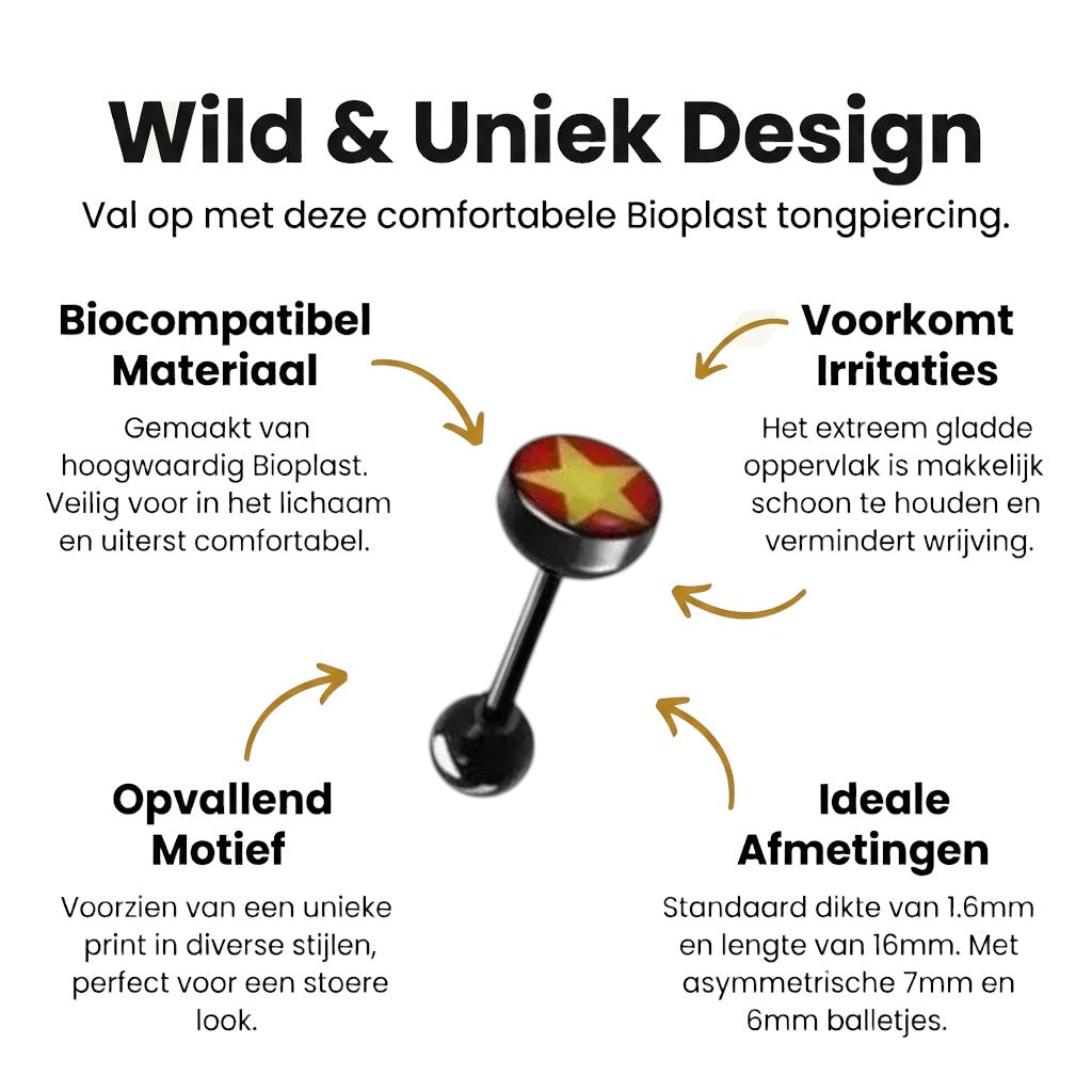 Zwarte Bioplast Tongpiercing hem en haar - Ster-Rood-Geel -