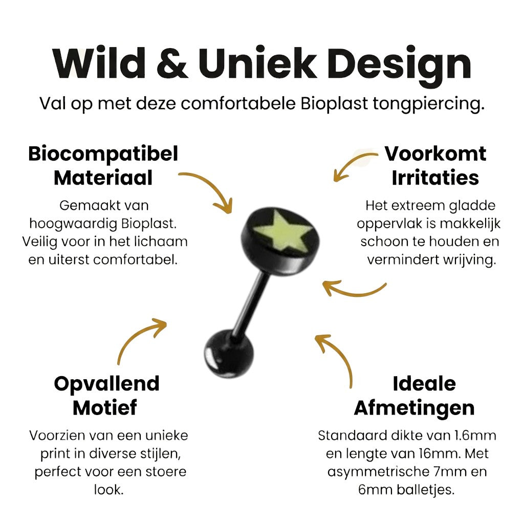Zwarte Bioplast Tongpiercing hem en haar - Ster-Geel -