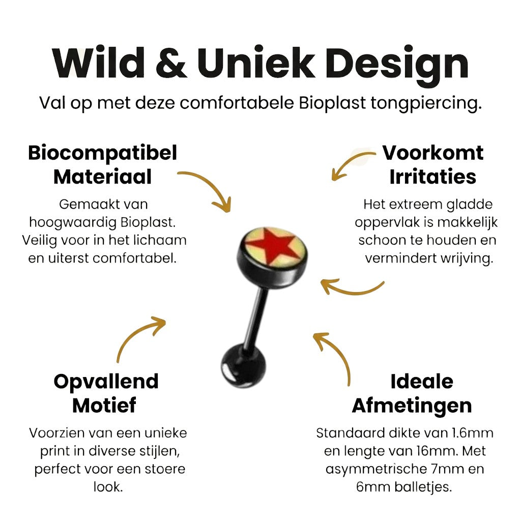 Zwarte Bioplast Tongpiercing hem en haar - Ster-Geel-Rood -