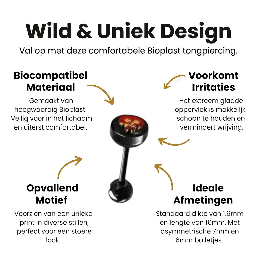 Zwarte Bioplast Tongpiercing hem en haar - Vlammen-Dobbelsteentjes -