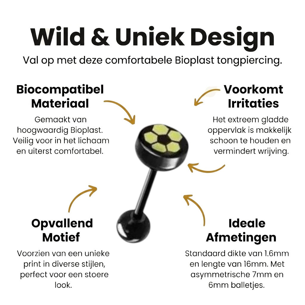 Zwarte Bioplast Tongpiercing hem en haar - Voetbal -
