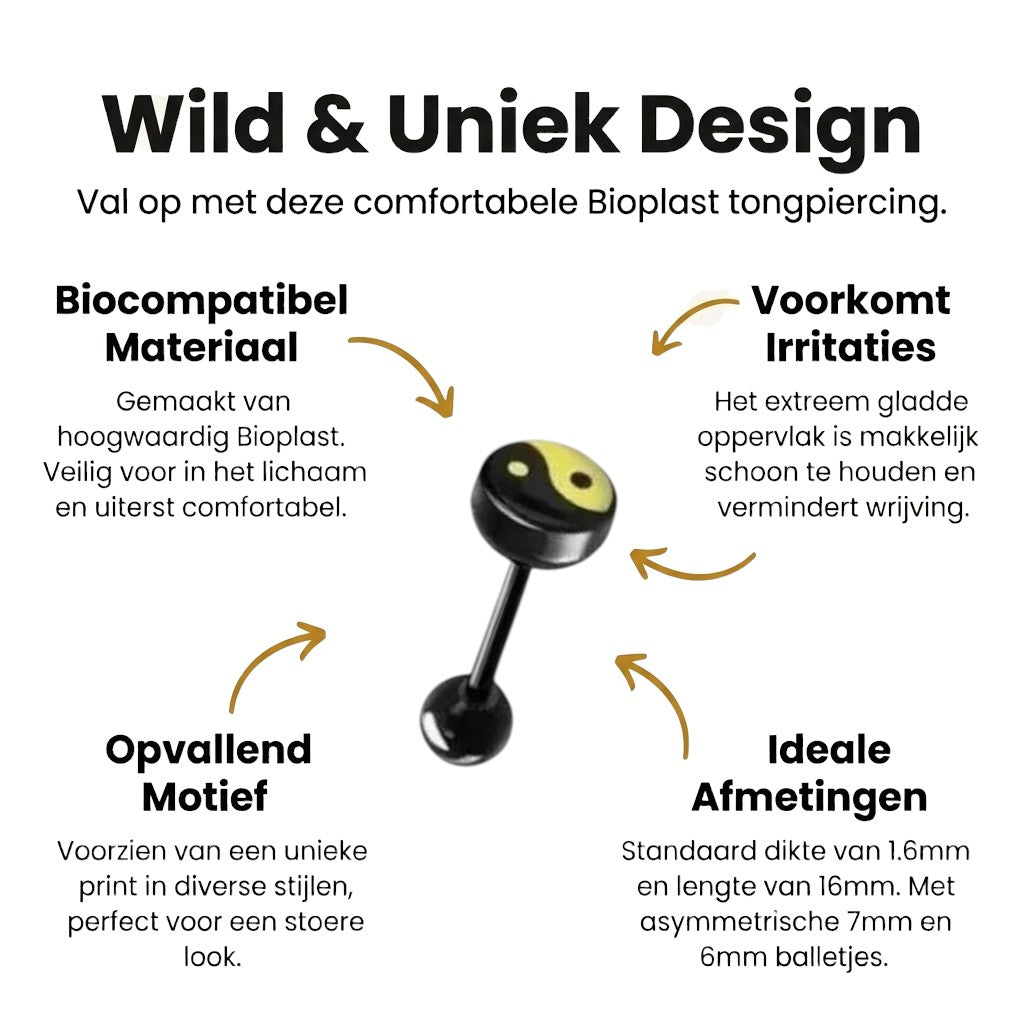 Zwarte Bioplast Tongpiercing hem en haar - YingYang -