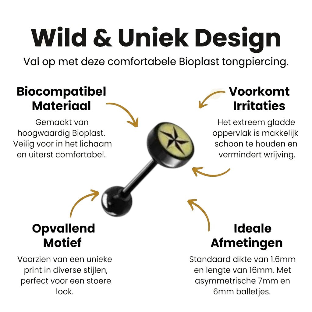 Zwarte Bioplast Tongpiercing hem en haar - Ster -