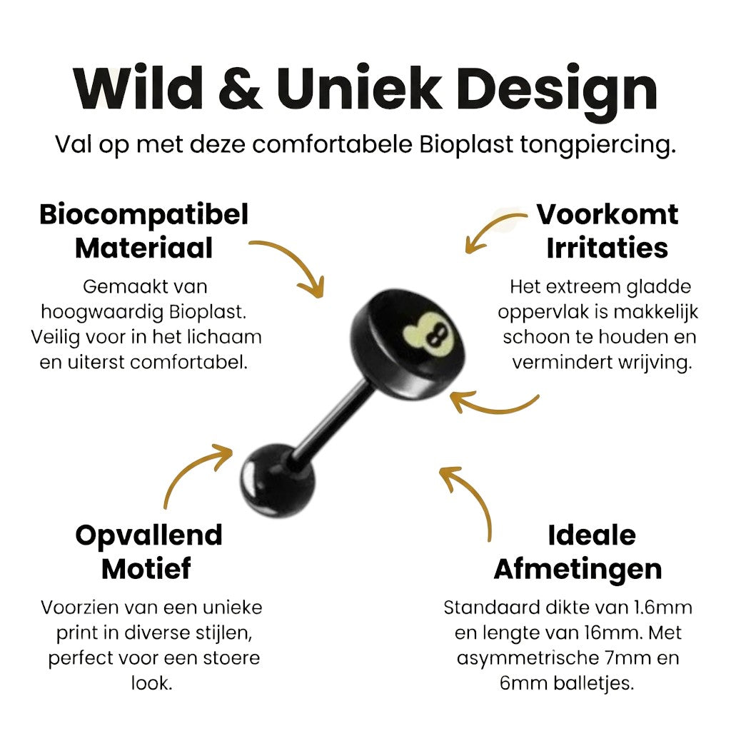 Zwarte Bioplast Tongpiercing hem en haar - 8-Bal-Biljartbal -