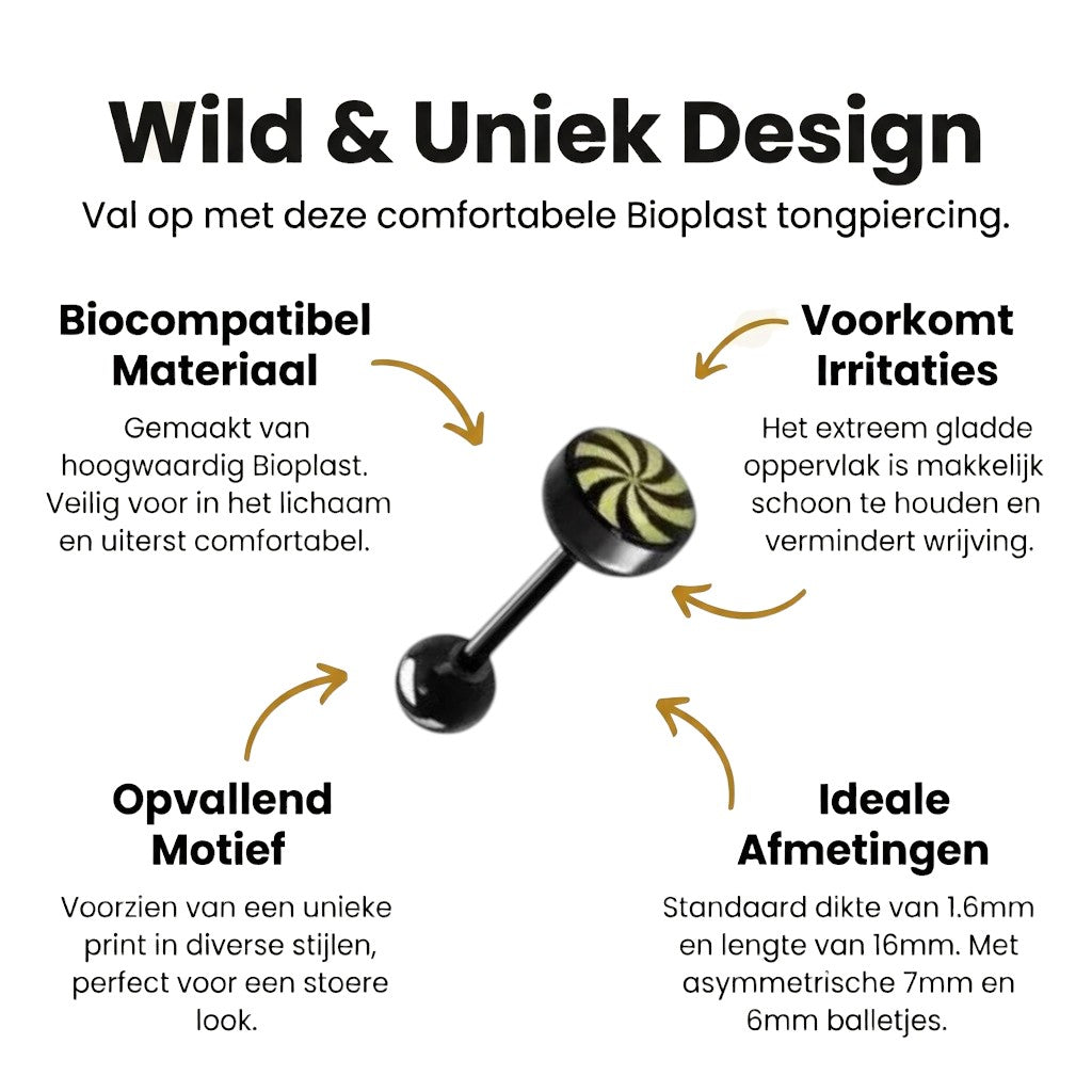 Zwarte Bioplast Tongpiercing hem en haar - Spiraal-Geel-Zwart -