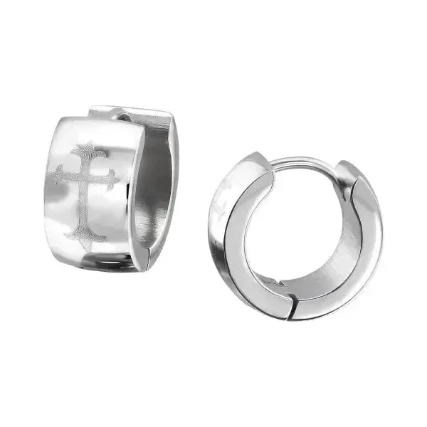 Stalen Huggie Oorringen 14mm RVS Unisex - Kruisje-14x7mm -