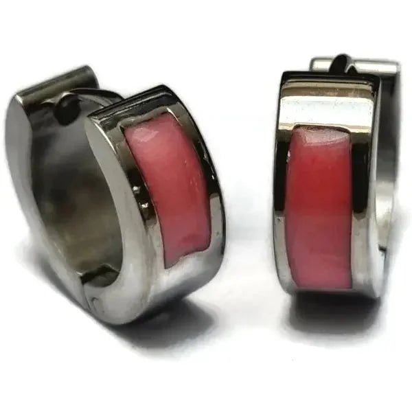 Stalen Huggie Oorringen 14mm RVS Unisex - Roze-shimmer-14x5mm -