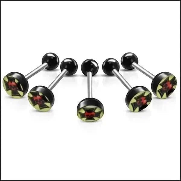 Stalen tongpiercing met acryl logo - Kruis-met-Doodshoofd -