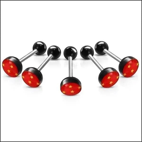 Stalen tongpiercing met acryl logo - Sterretjes-Rood-Geel -