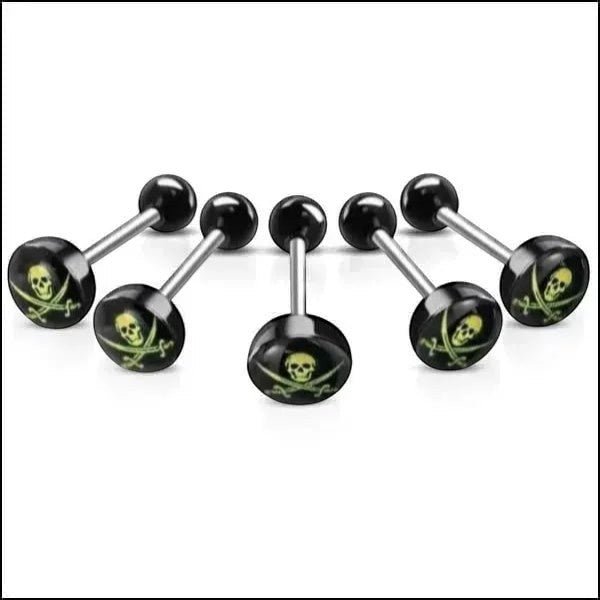 Stalen tongpiercing met acryl logo - Doodskop-met-zwaard -
