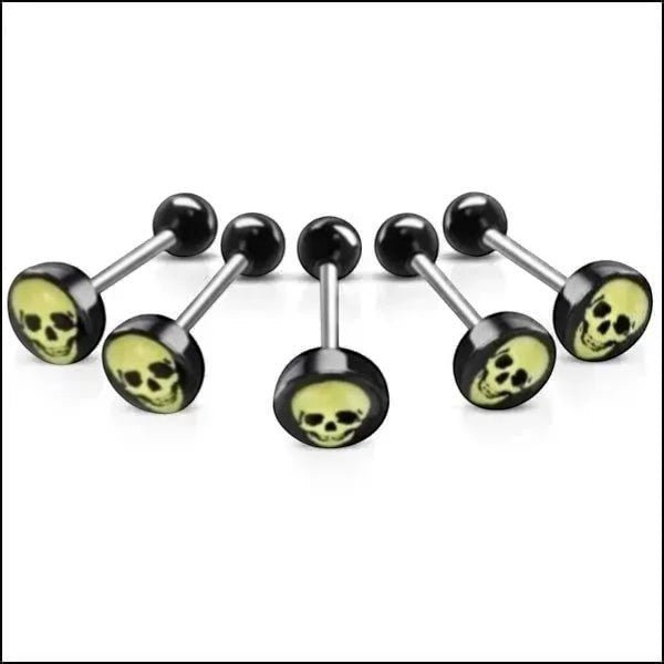 Stalen tongpiercing met acryl logo - Doodskop-Geel -