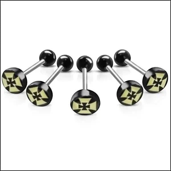 Stalen tongpiercing met acryl logo - Kruis-Geel -
