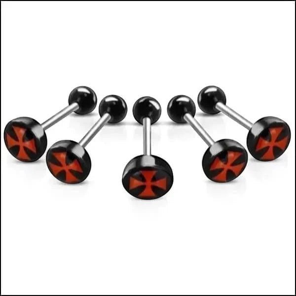 Stalen tongpiercing met acryl logo - Kruis-Rood -