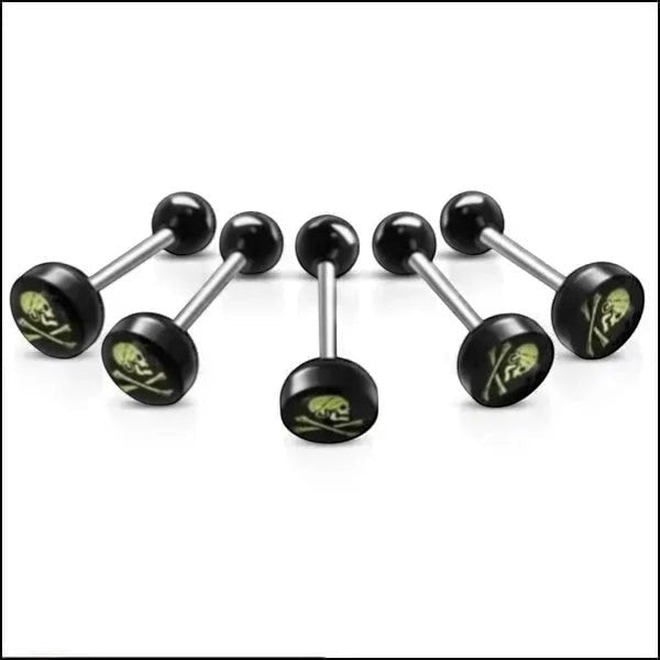 Stalen tongpiercing met acryl logo - Doodshoofd-Beenderen -