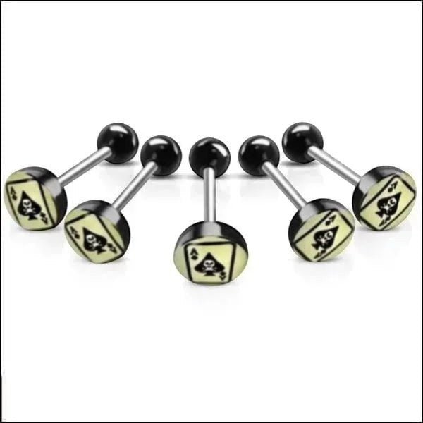 Stalen tongpiercing met acryl logo - Schoppen-Aas -
