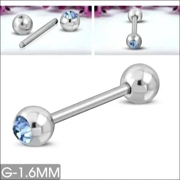 Elegante Stalen Tongpiercing met Steentje 16mm - Licht Blauw -