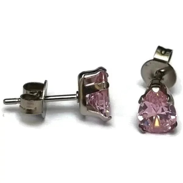 Zirkonia Druppeloorbellen van Staal - 7x5mm / Roze -