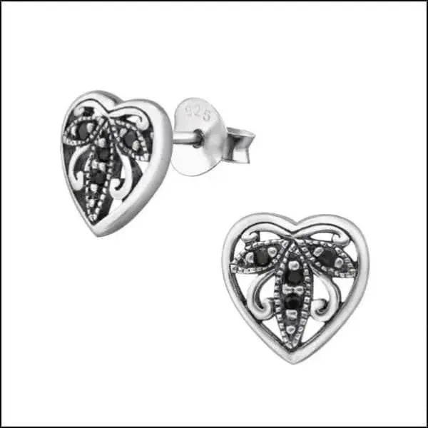 Zilveren Geoxideerde Oorbellen vrouw - Hart-Zwart-8mm -