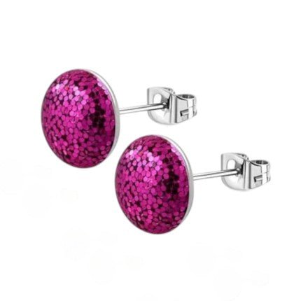 RVS Glitter Oorbellen 8mm Diverse Kleuren - Sprankelende Oorstekers - 8mm / Fuchsia Roze -