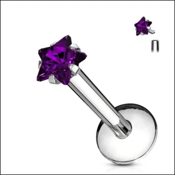 RVS Labret Piercing met Zirkonia Ster 8x1.2mm - Helix Tragus - Paars / 3mm - Heren