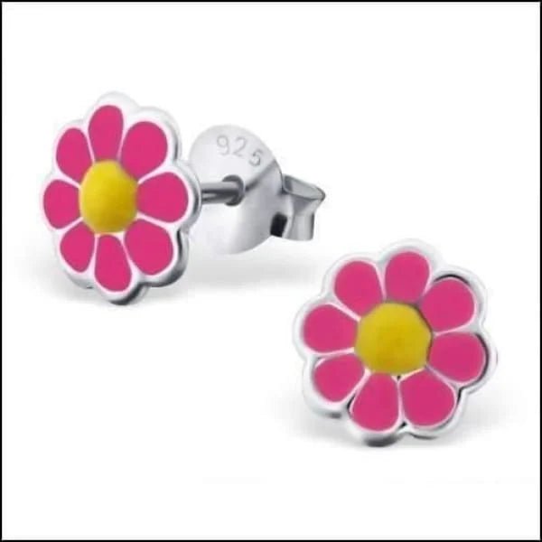 925 Zilveren Bloem Oorbellen met Emaille Diverse Kleuren - Bloemetjes - Donker Roze/Geel-7mm -
