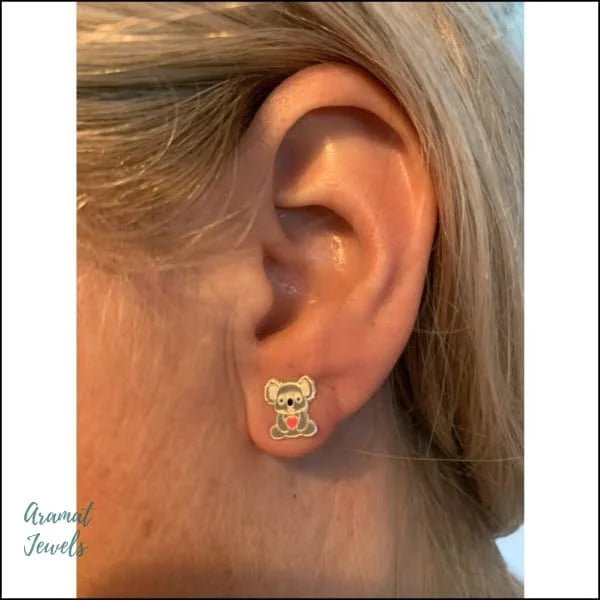 925 Zilveren Koala Oorbellen 8mm Kinderen - Schattige Koalabeertjes - Grijs Glitter-9x8mm -
