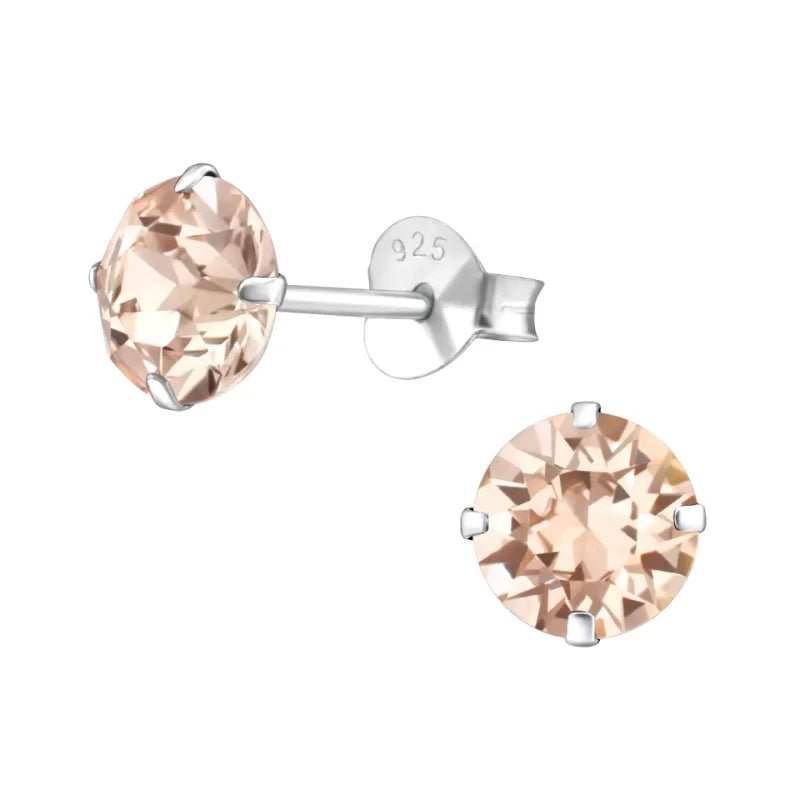 925 Zilveren Kristal Oorbellen  - Sprankelende Zirkonia Studs - 6mm / Champagne -