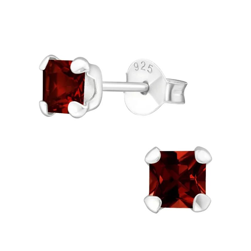 Schattige Vierkante Kinder Oorbellen Zilver - Donker Rood -