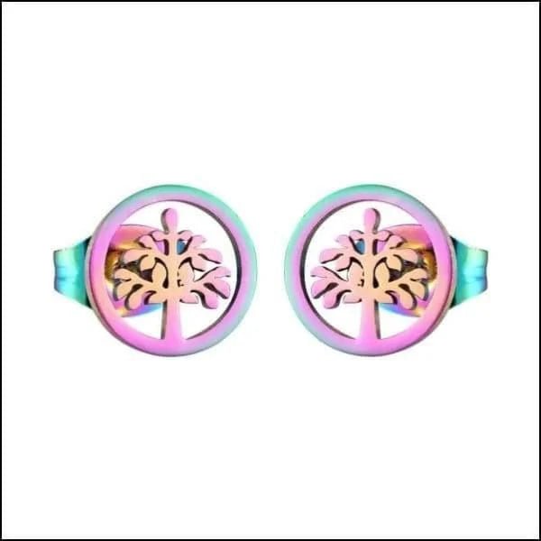 RVS Levensboom Oorbellen Diverse Kleuren 10mm - Tree of Life Studs - Multi kleur-9mm -