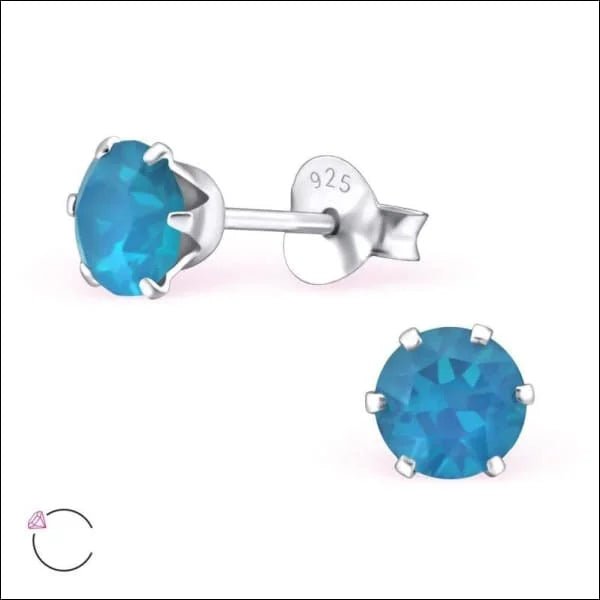 925 Zilveren Kristallen Oorbellen Rond 4-8mm - Sprankelende Studs - 5mm / Opaal Carribisch Blauw -