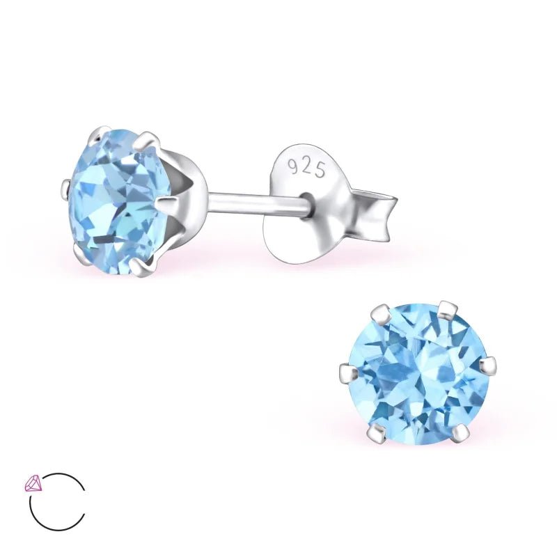 925 Zilveren Kristallen Oorbellen Rond 4-8mm - Sprankelende Studs - 5mm / Aqua Blauw -