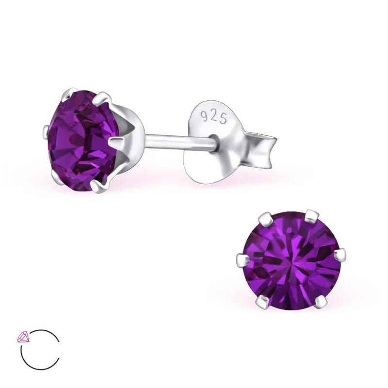 925 Zilveren Kristallen Oorbellen Rond 4-8mm - Sprankelende Studs - 5mm / Paars -
