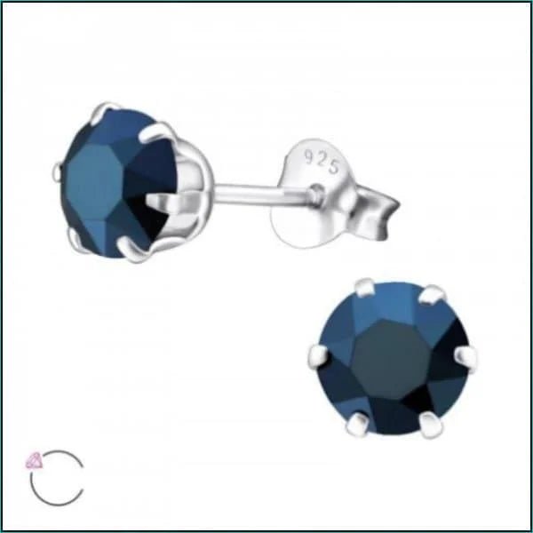 925 Zilveren Kristallen Oorbellen Rond 4-8mm - Sprankelende Studs - 6mm / Metallic Blauw -