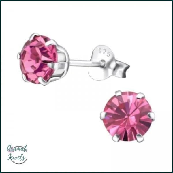 925 Zilveren Kristallen Oorbellen Rond 4-8mm - Sprankelende Studs - 6mm / Roze -