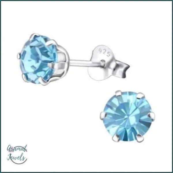 925 Zilveren Kristallen Oorbellen Rond 4-8mm - Sprankelende Studs - 6mm / Aqua Blauw -