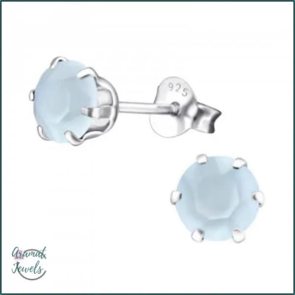 925 Zilveren Kristallen Oorbellen Rond 4-8mm - Sprankelende Studs - 6mm / Poeder Blauw -