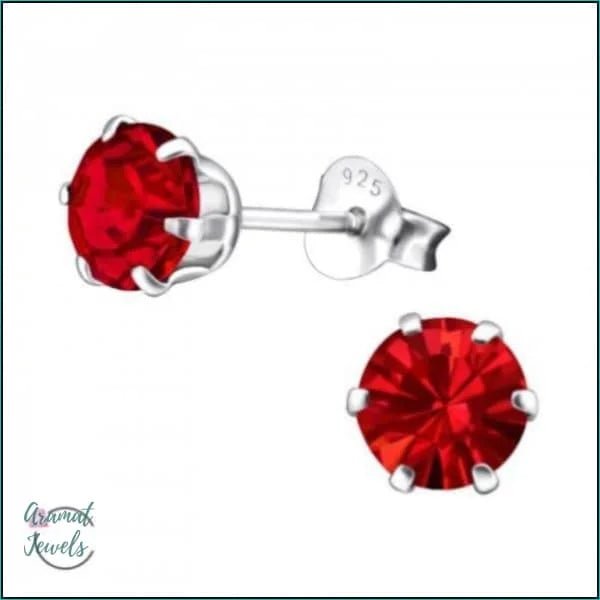 925 Zilveren Kristallen Oorbellen Rond 4-8mm - Sprankelende Studs - 6mm / Siam Rood -