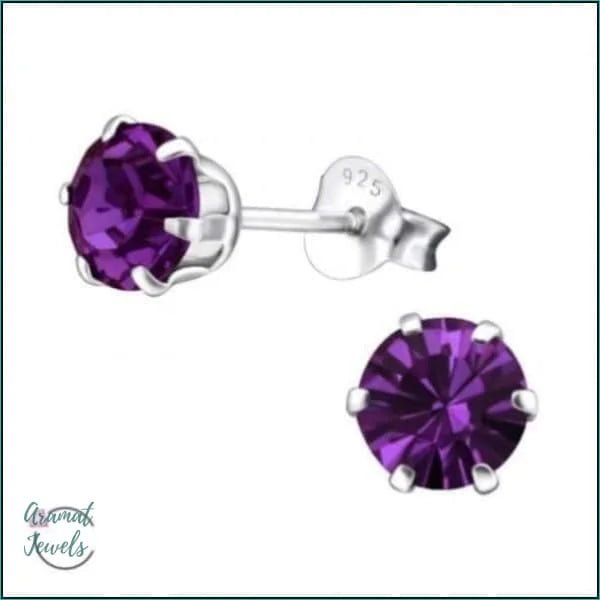 925 Zilveren Kristallen Oorbellen Rond 4-8mm - Sprankelende Studs - 6mm / Paars - Heren