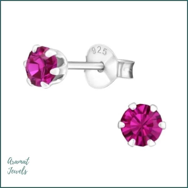 925 Zilveren Kristallen Oorbellen Rond 4-8mm - Sprankelende Studs - 4mm / Fuchsia Roze -