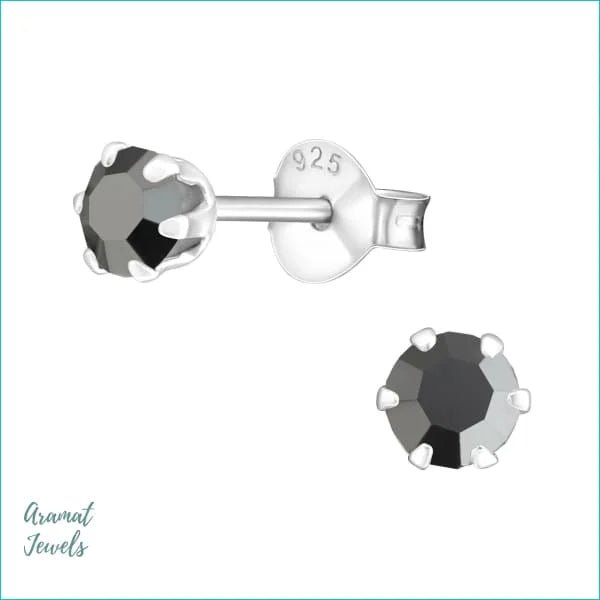 925 Zilveren Kristallen Oorbellen Rond 4-8mm - Sprankelende Studs - 4mm / Hematiet -