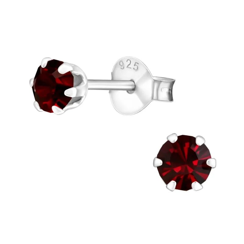 925 Zilveren Kristallen Oorbellen Rond 4-8mm - Sprankelende Studs - 4mm / Donker rood -