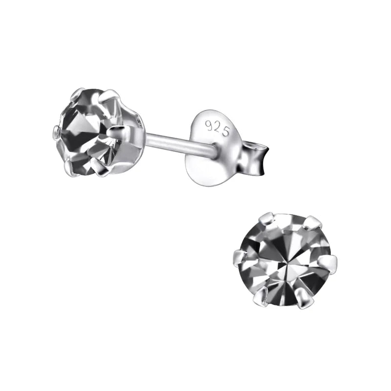 925 Zilveren Kristallen Oorbellen Rond 4-8mm - Sprankelende Studs - 5mm / Black Diamond -