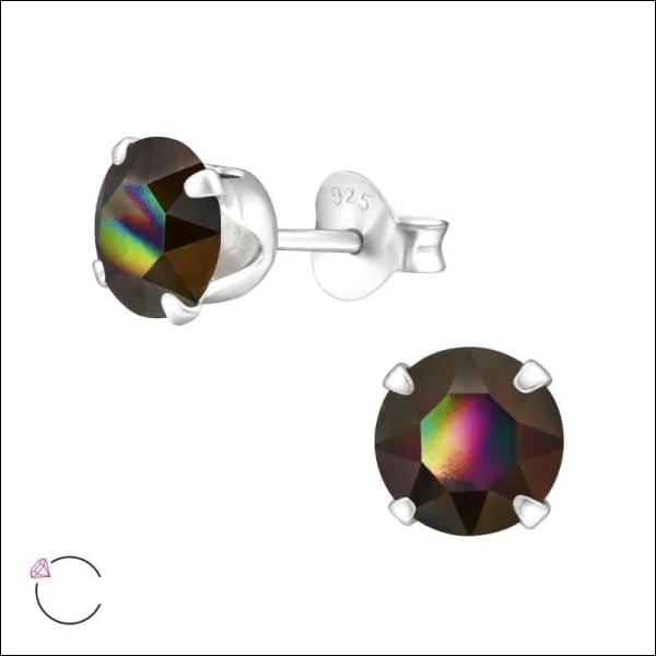 925 Zilveren Kristallen Oorbellen Rond 4-8mm - Sprankelende Studs - 6mm / Rainbow Dark -